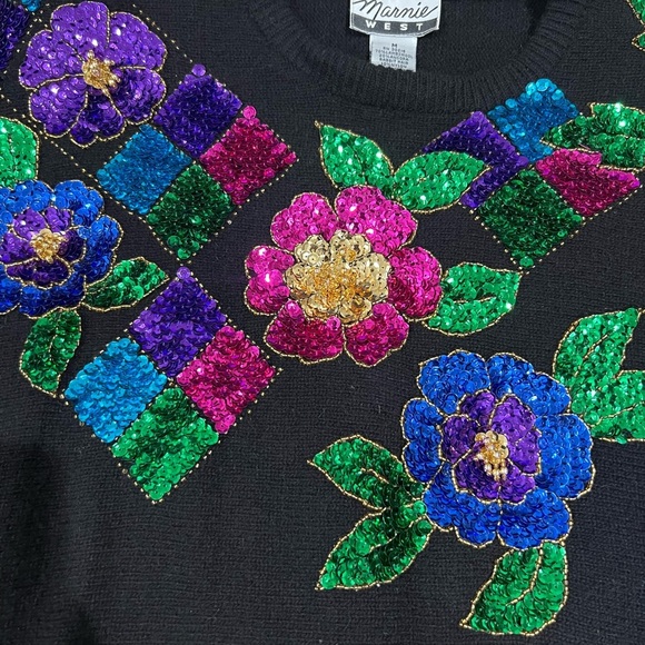 Vintage Marnie West Black Sequin Beaded Full Sleeve Wool Rabbit Hair Sweater M - Picture 2 of 9